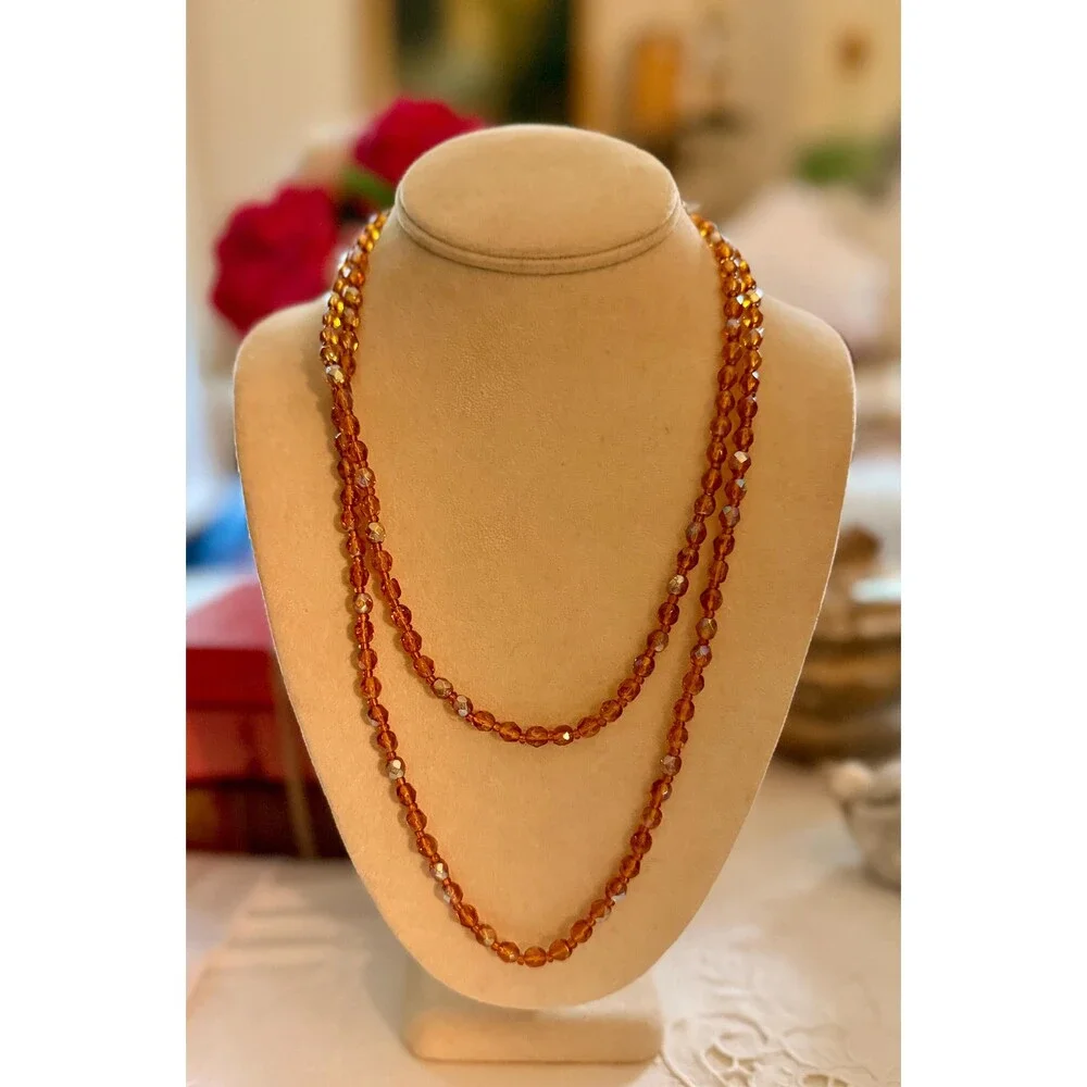 Vintage Amber Aurora Borealis Crystal Bead Necklace | Long Faceted Glass Beads |